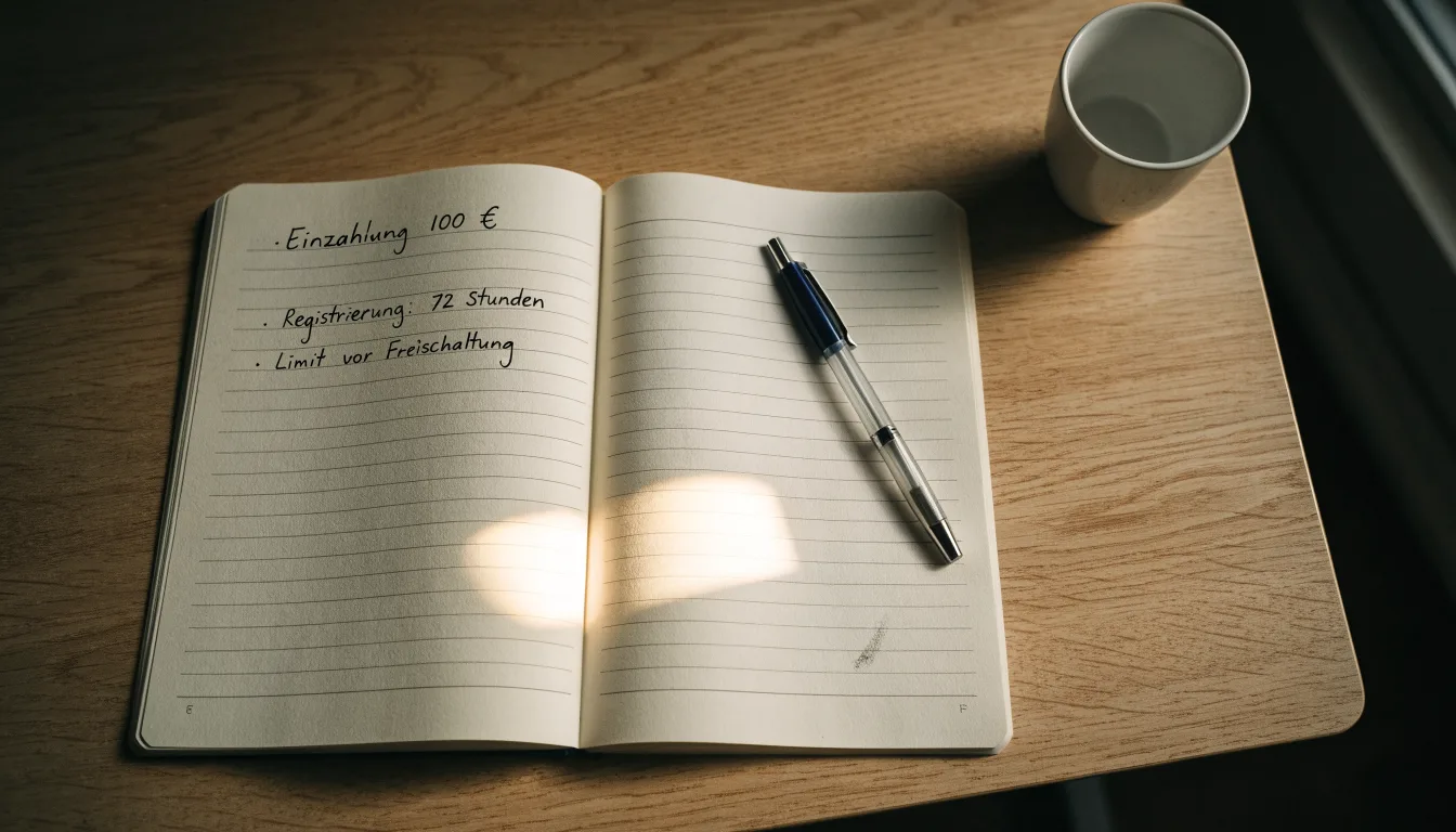Ein aufgeschlagenes Notizbuch mit handschriftlichen Notizen und ein Kugelschreiber liegen auf einem hellen Schreibtisch neben einer Kaffeetasse.