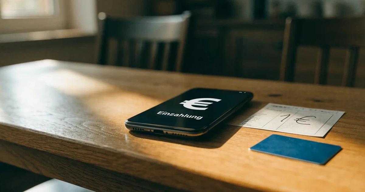 Ein Smartphone liegt mit dem Display nach unten auf einem Holztisch, daneben ein paar Euro-Münzen und eine unbeschriftete Plastikkarte im Morgenlicht.