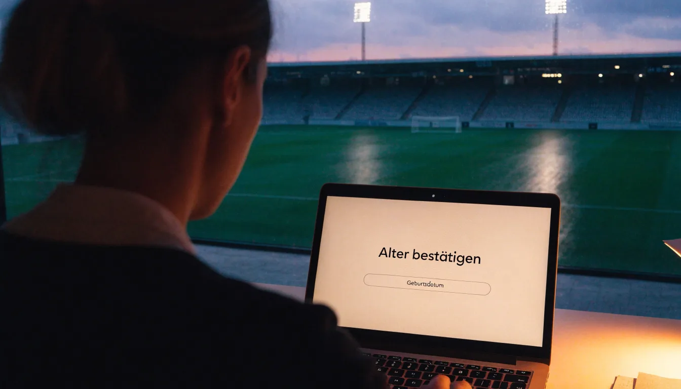 Ein Fußballplatz mit Flutlichtmasten in der Abenddämmerung, aus der Ferne gesehen, leere Tribünen und nasser Rasen unter bewölktem Himmel.