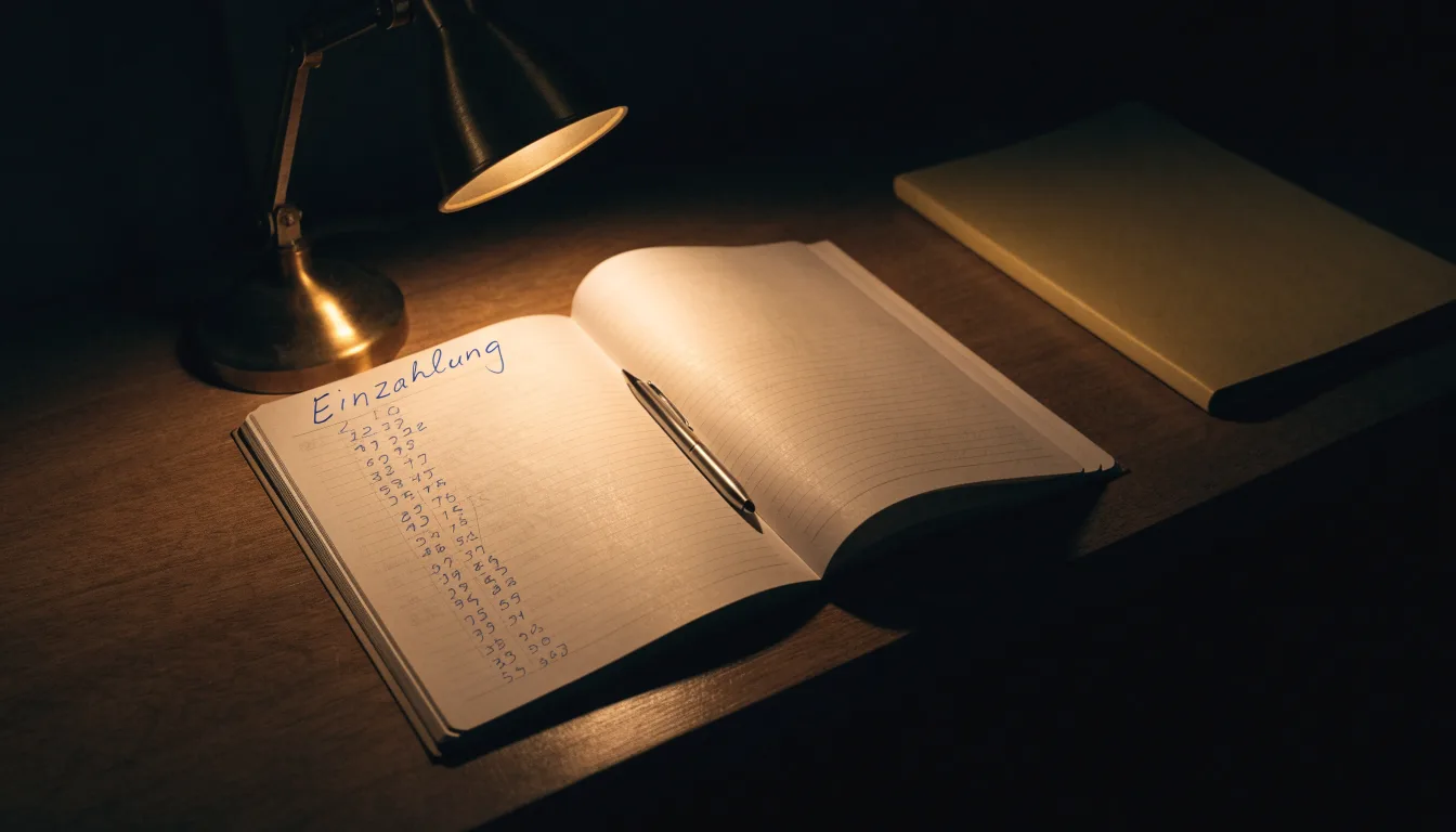 Ein Taschenrechner und ein Blatt Papier mit handschriftlichen Notizen liegen auf einem Schreibtisch unter dem warmen Licht einer Lampe.