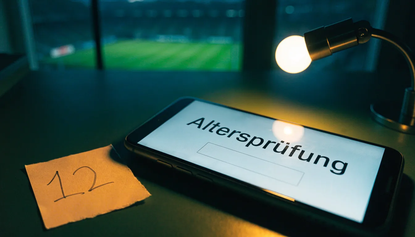 Ein Stadion unter Flutlicht bei Nacht, von einem Hügel aus der Ferne betrachtet, mit Dunst über dem Spielfeld.