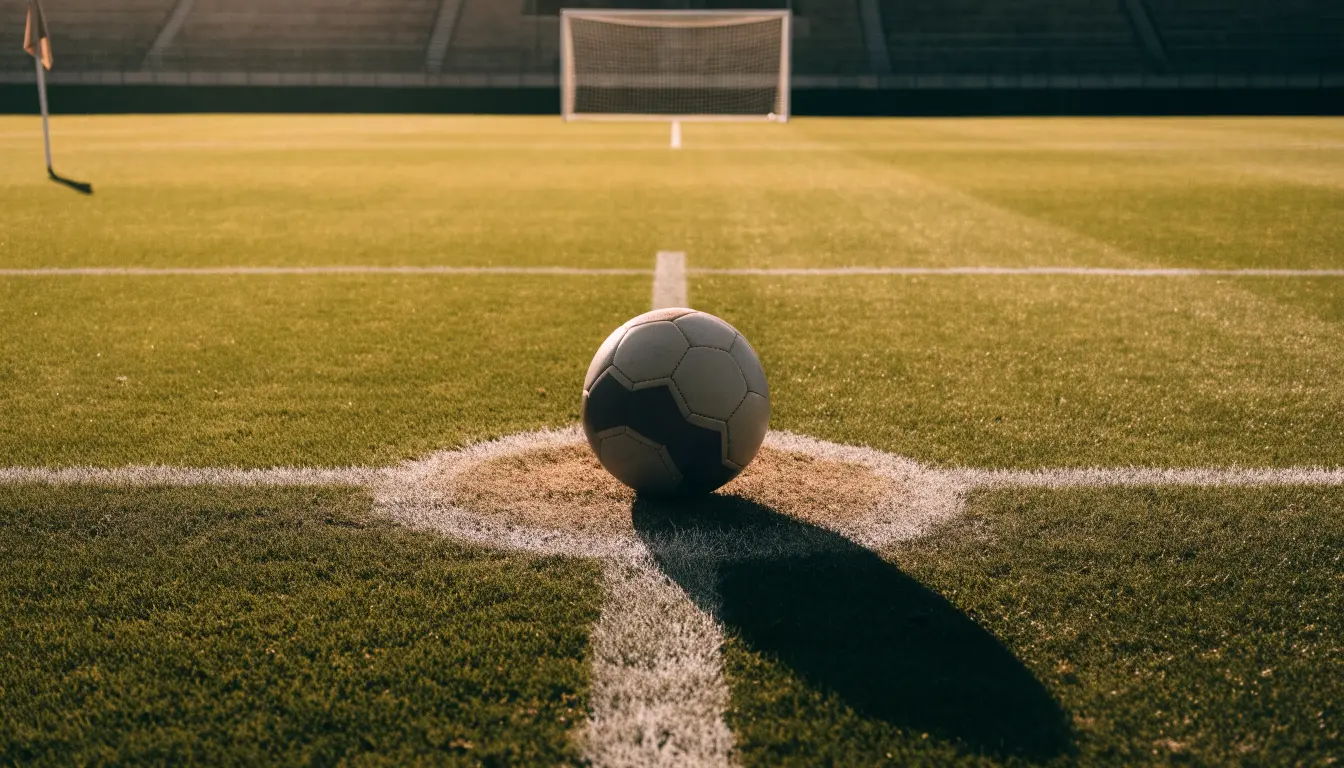 Ein Fußball liegt auf dem Elfmeterpunkt eines leeren Rasenplatzes, im Hintergrund eine Tribüne im Dunst.