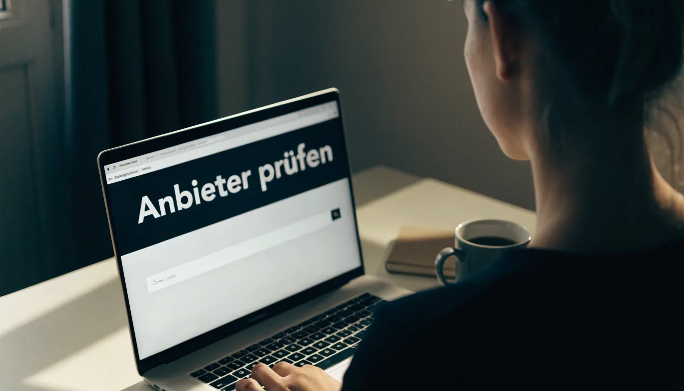 Eine Waage aus Messing und ein geschlossener Aktenordner ohne Beschriftung stehen auf einem polierten Schreibtisch vor einem Fenster.