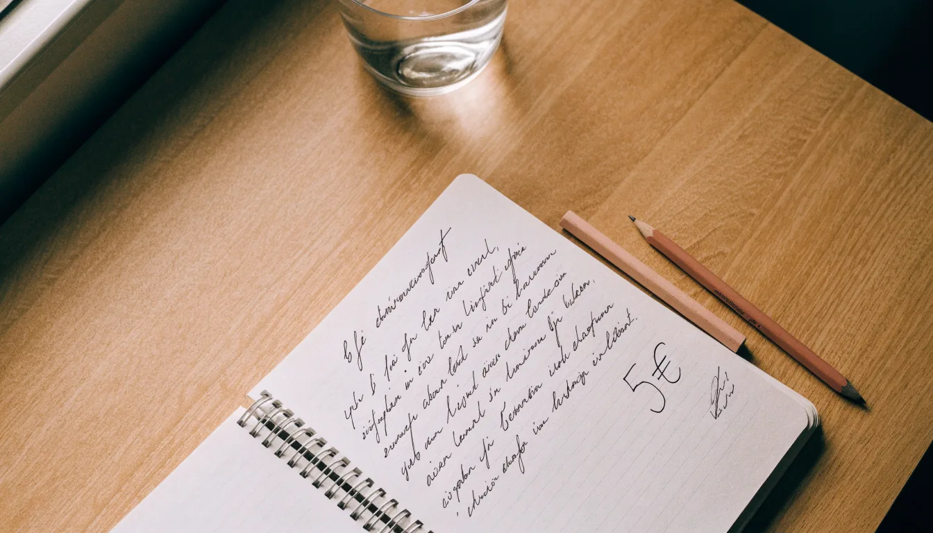 Ein aufgeschlagenes Heft mit handschriftlichen Notizen und ein Bleistift liegen auf einem Schreibtisch, daneben ein Glas Wasser.