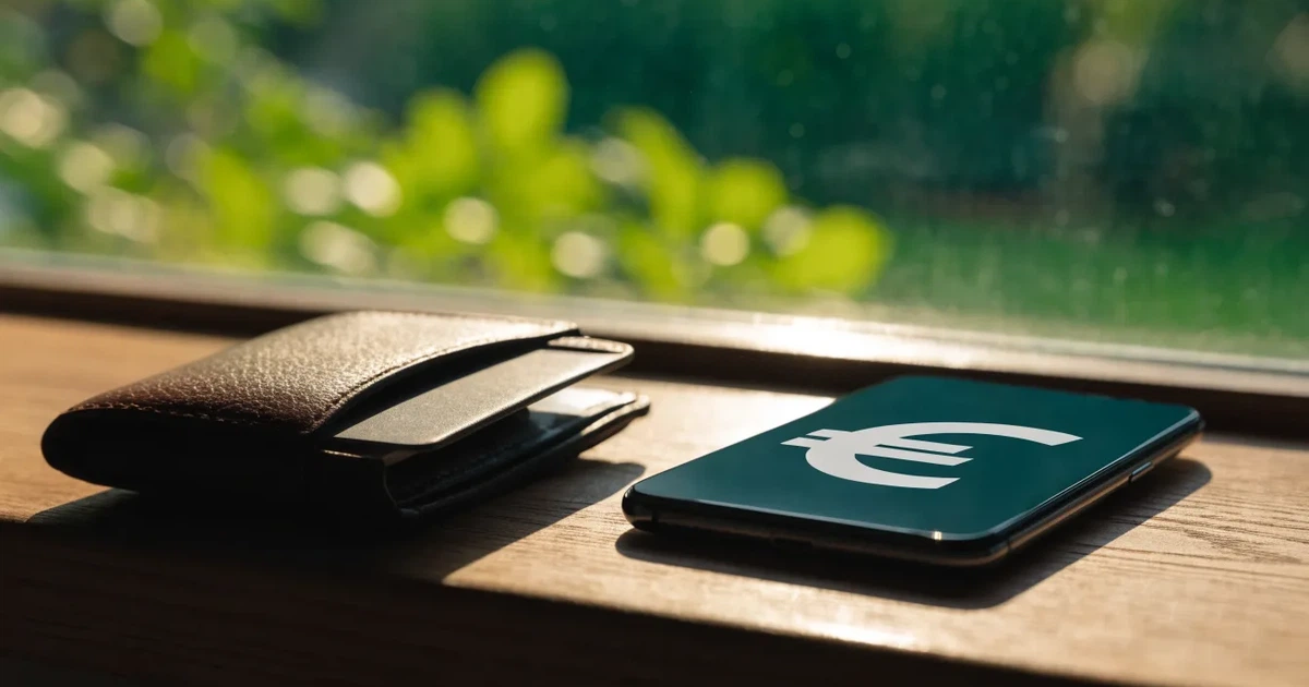 Eine Geldbörse aus Leder liegt geöffnet neben einem Smartphone auf einer Fensterbank, im Hintergrund ein Garten im Gegenlicht.