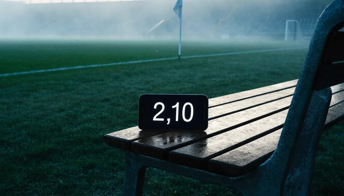 Der Rand eines Spielfelds mit weißer Linie und Eckfahne bei Nebel am frühen Morgen, ohne Menschen.