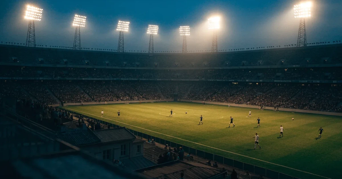 Ein Fußballstadion unter Flutlicht mit hellen Rängen, von einem Hügel aus gesehen, darüber ein dunkelblauer Abendhimmel.