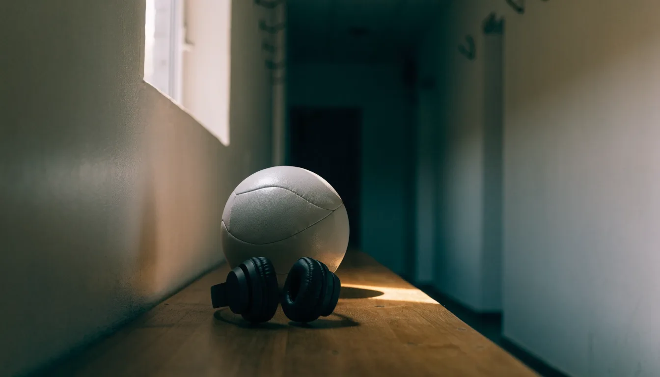 Ein Fußball liegt neben Kopfhörern auf einer Holzbank in einer Umkleide, Licht fällt durch ein schmales Fenster.