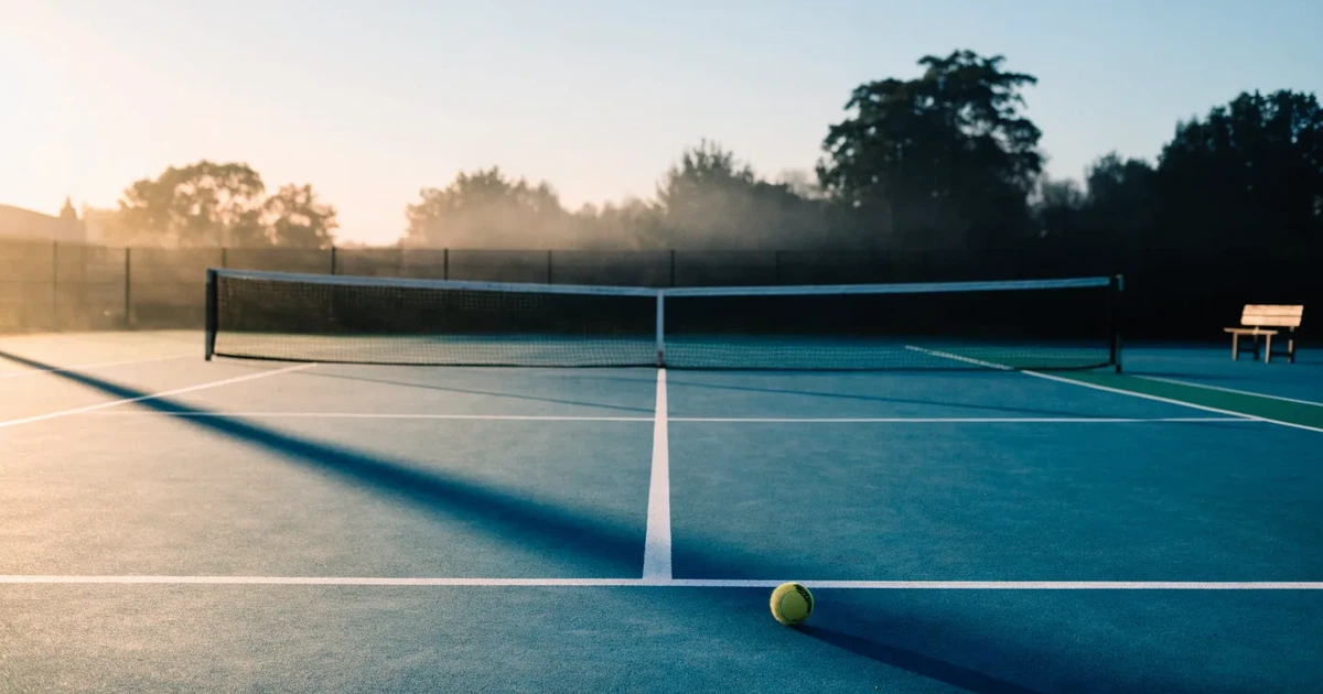 Ein leerer Tennisplatz mit Hartplatzbelag in der Morgendämmerung, das Netz im Gegenlicht und lange Schatten der Linien.