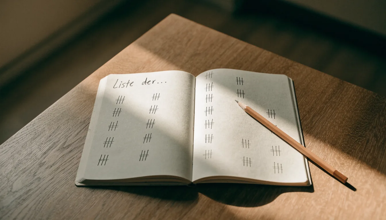 Ein handschriftlich geführtes Heft mit Strichlisten liegt neben einem Bleistift auf einem Tisch, seitlich fällt Tageslicht herein.