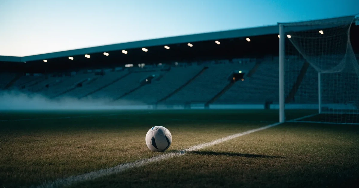 Ein Fußball liegt im Strafraum direkt vor dem Tor mit Netz, im Hintergrund leere Ränge bei Dämmerung.