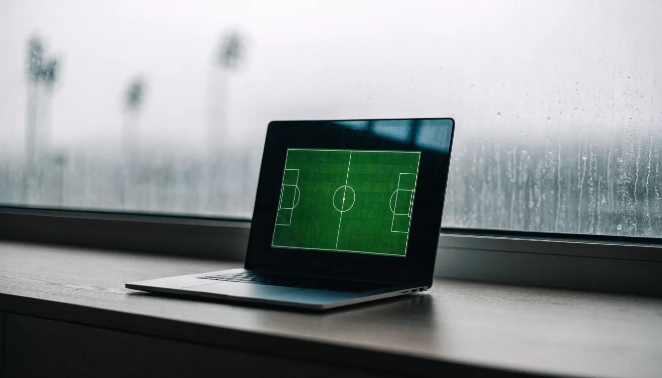 Ein leeres Stadion von außen, hohe Flutlichtmasten vor einem grauen Himmel mit Regenwolken.