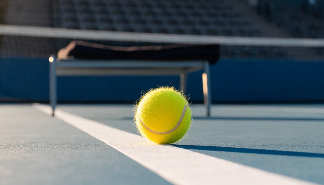 Ein gelber Tennisball liegt auf einer weißen Linie, daneben ein Handtuch auf einer Bank am Spielfeldrand.