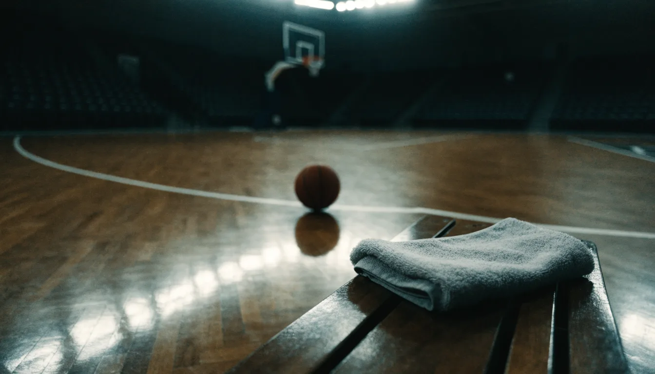 Ein Basketball liegt auf der Freiwurflinie einer Halle, im Vordergrund ein Handtuch auf einer Bank.