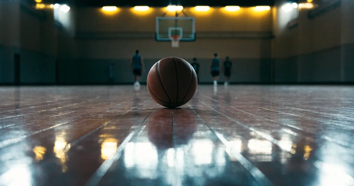 Eine leere Basketballhalle mit glänzendem Parkett und einem Korb im Hintergrund, Licht von Deckenstrahlern spiegelt sich im Boden.
