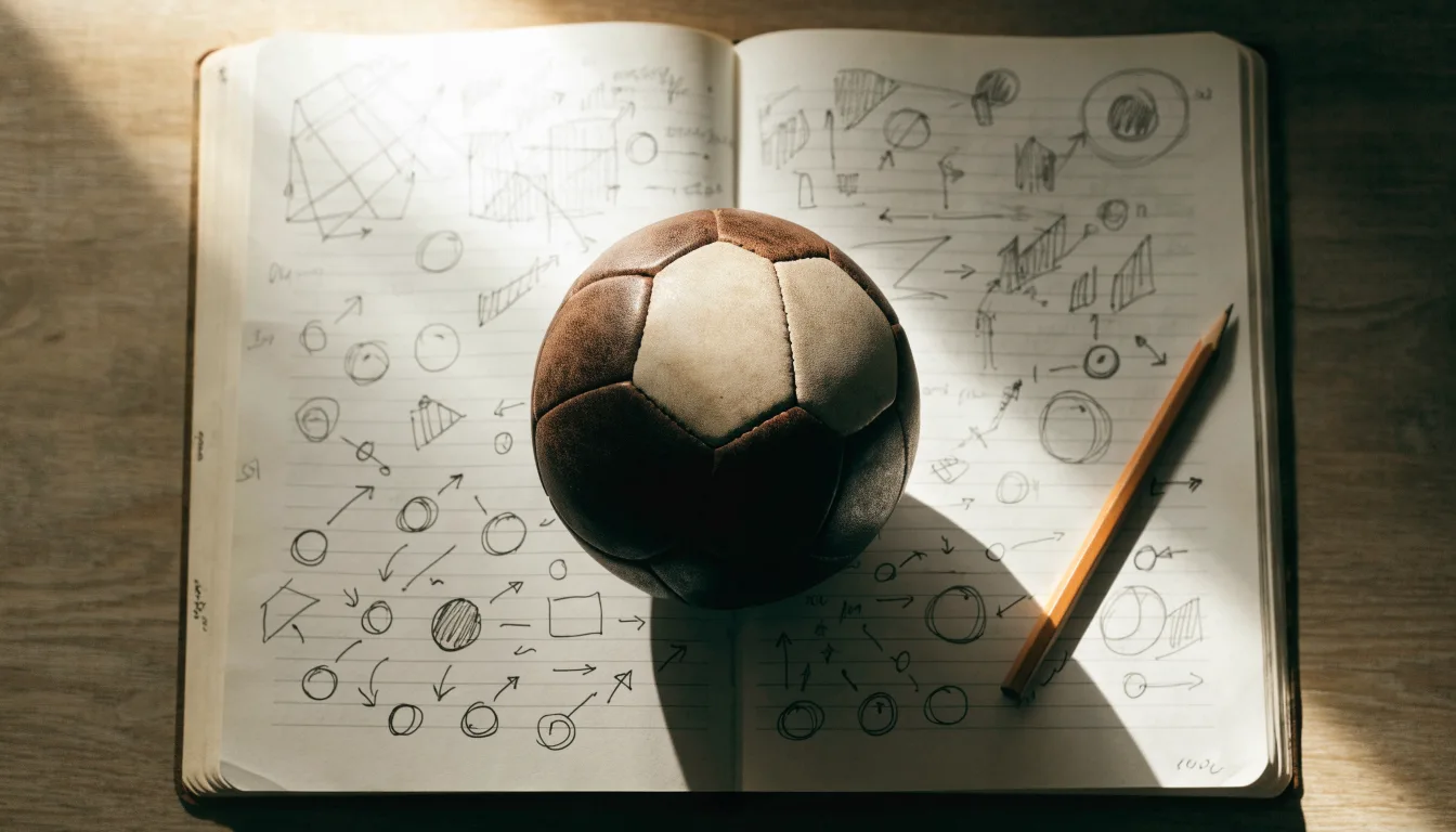 Ein Fußball liegt auf einem Notizbuch mit handgezeichneten Skizzen von Spielzügen, aufgenommen von oben auf einem Holztisch.