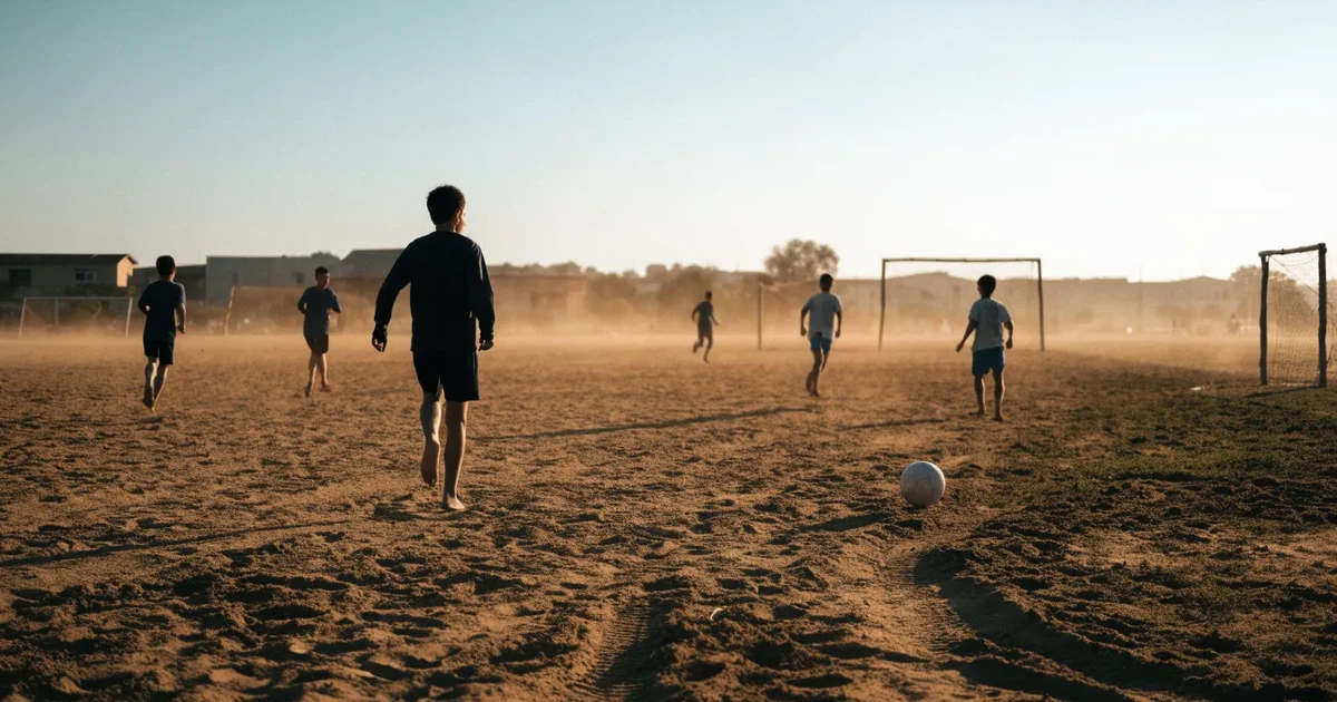Ein sandiger Fußballplatz am Rand einer Stadt in warmem Abendlicht, Staub in der Luft und zwei Tore in der Ferne.