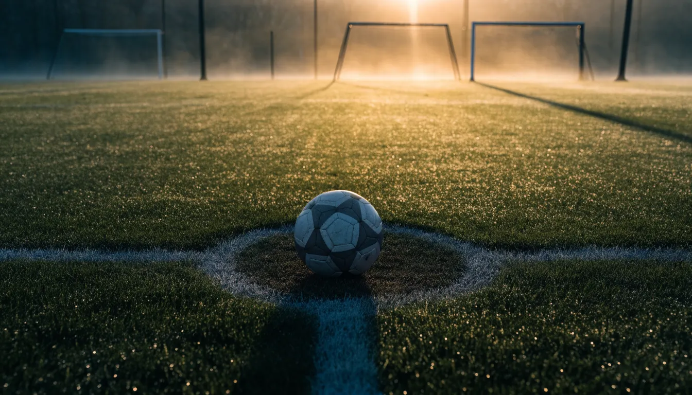 Ein Fußball liegt auf dem Anstoßpunkt eines Rasens bei Sonnenaufgang, Tau glitzert auf den Halmen.