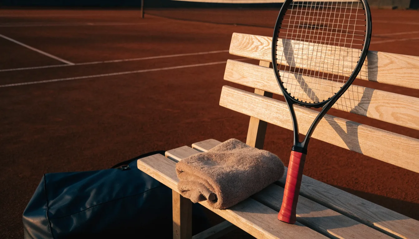 Ein Tennisschläger lehnt an einer Bank neben einer Sporttasche, im Hintergrund ein leerer Platz.