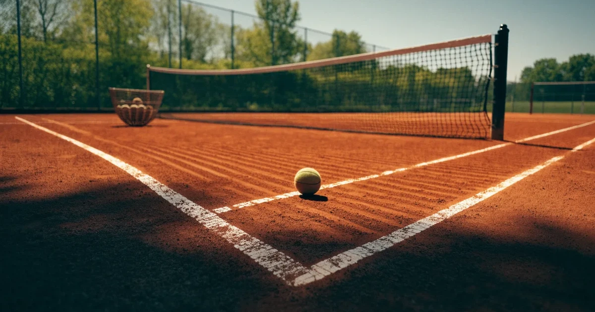 Ein Sandplatz mit frisch gezogenen Linien in der Nachmittagssonne, Netz und Ballkorb am Rand, keine Menschen.