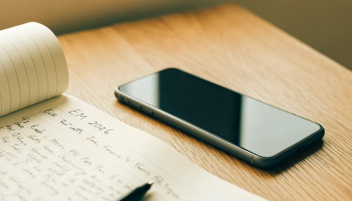 Ein Notizbuch mit handschriftlichen Notizen und ein Kugelschreiber liegen neben einem Smartphone mit dunklem Display auf einem Holztisch.