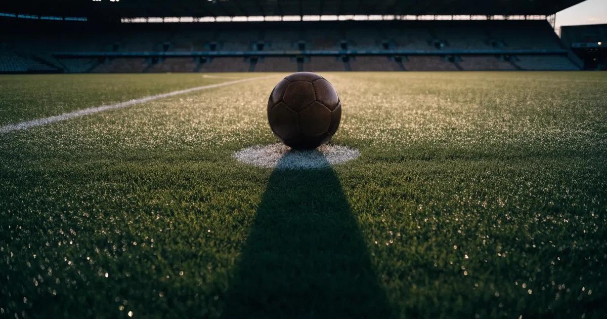 Ein Fußball liegt auf dem Anstoßpunkt eines leeren Rasenplatzes, im Hintergrund eine große Stadiontribüne im Abendlicht.