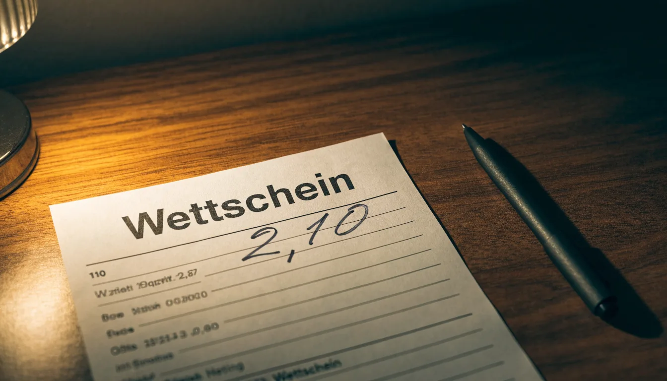 Ein leerer Wettschein aus Papier liegt neben einem Stift auf einem Schreibtisch im Licht einer kleinen Tischlampe.