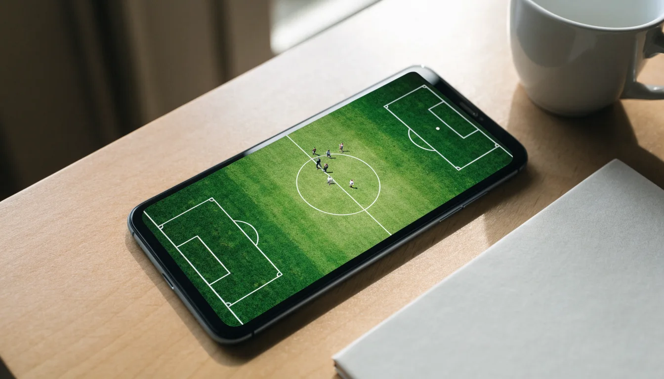 Ein Smartphone mit dunklem Display liegt neben einer Kaffeetasse und einem Notizblock auf einem hellen Tisch.