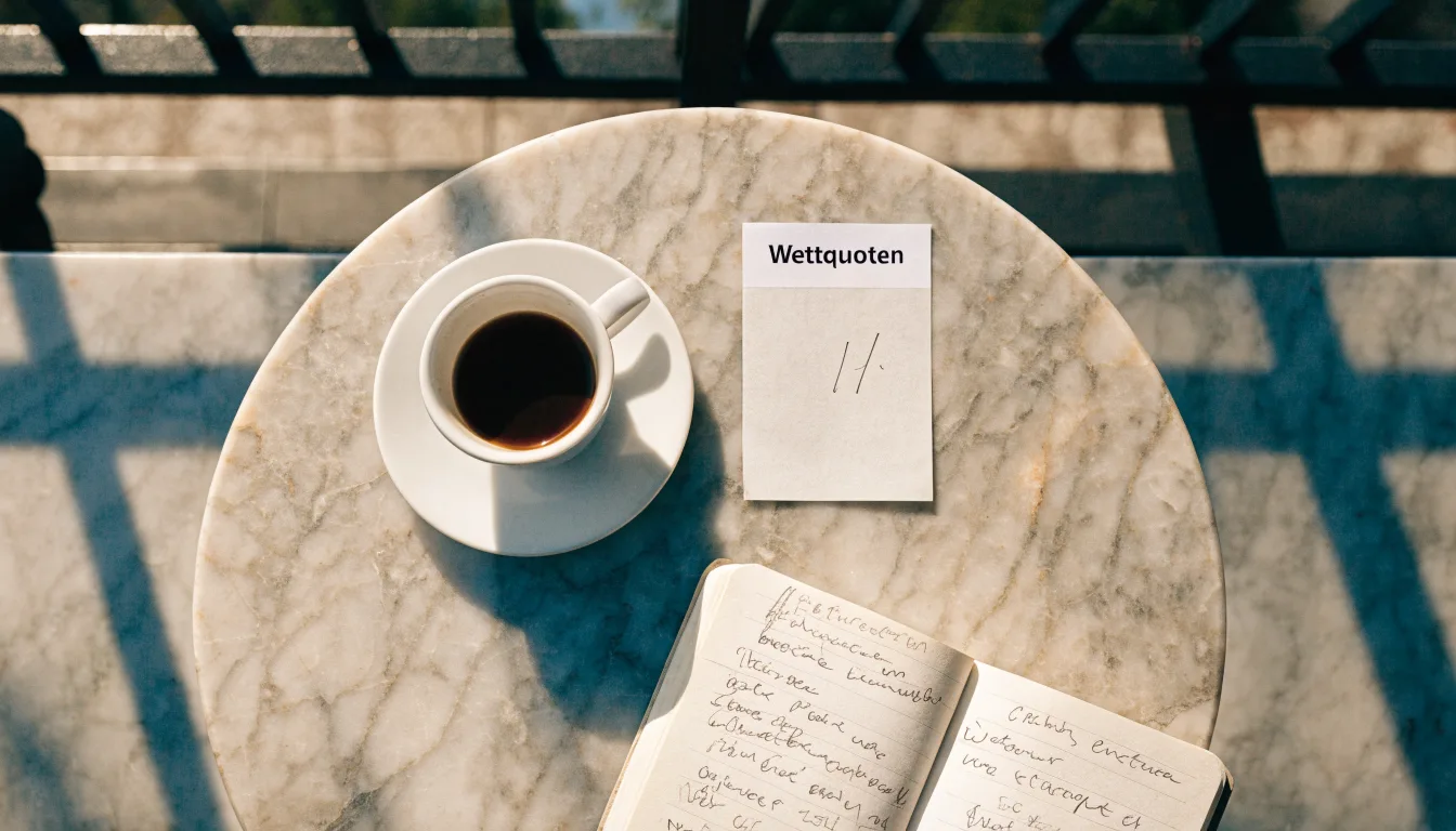 Eine Espressotasse steht auf einem kleinen Marmortisch einer Terrasse, daneben ein Notizheft mit handschriftlichen Skizzen.
