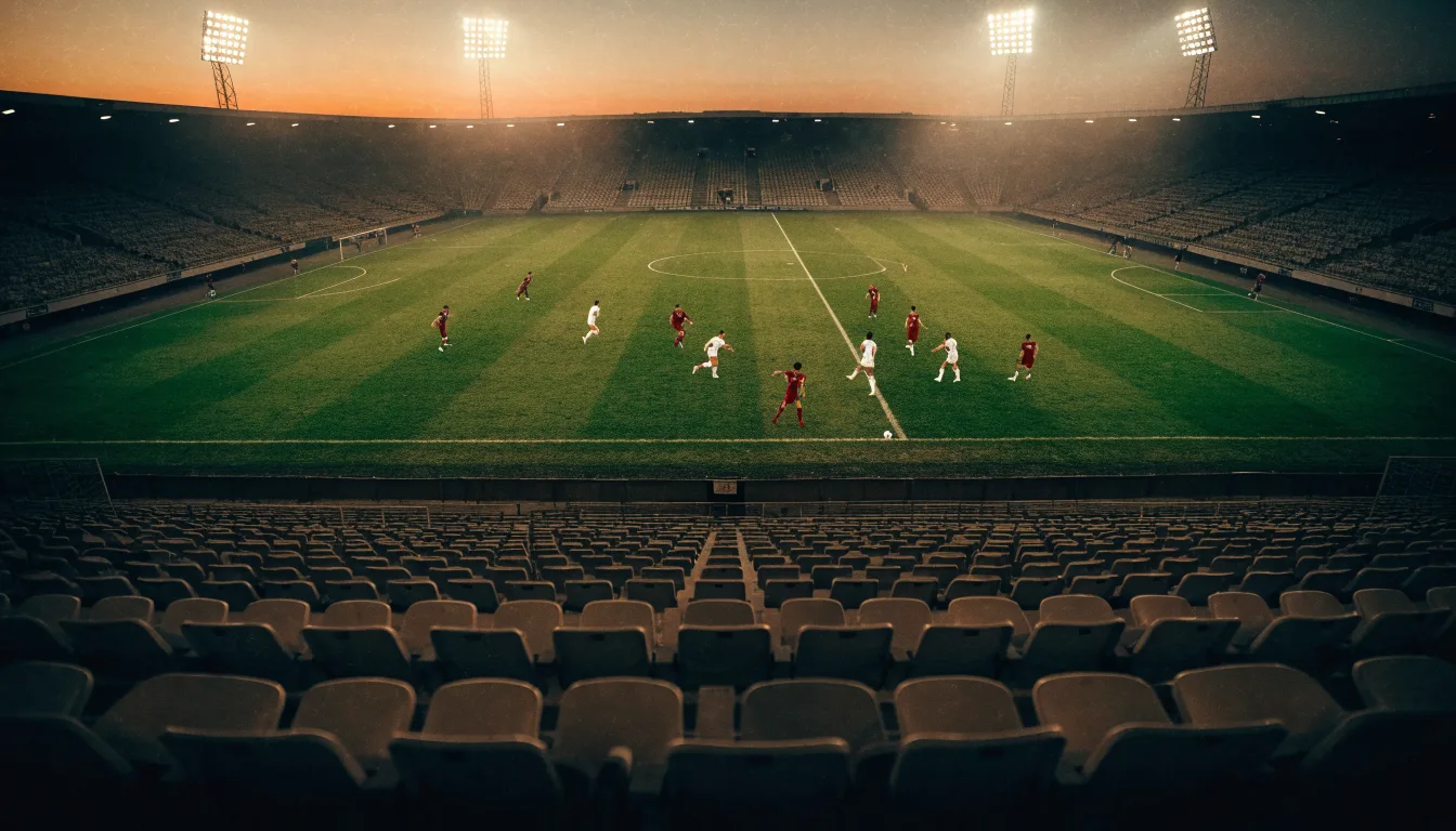 Eine leere Stadiontribüne unter Flutlicht aus der Ferne betrachtet, die Rasenfläche leuchtet grün in der Dämmerung.