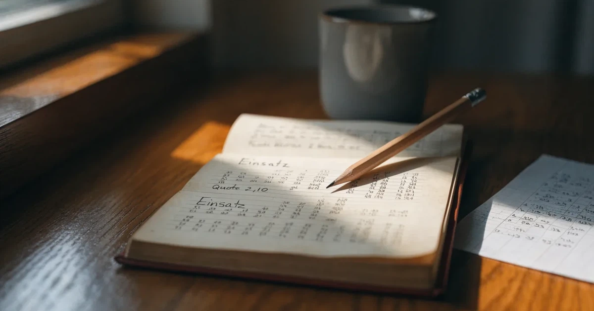 Ein aufgeschlagenes Notizbuch mit handschriftlichen Zahlenreihen und ein Bleistift liegen neben einem Taschenrechner auf einem Schreibtisch.