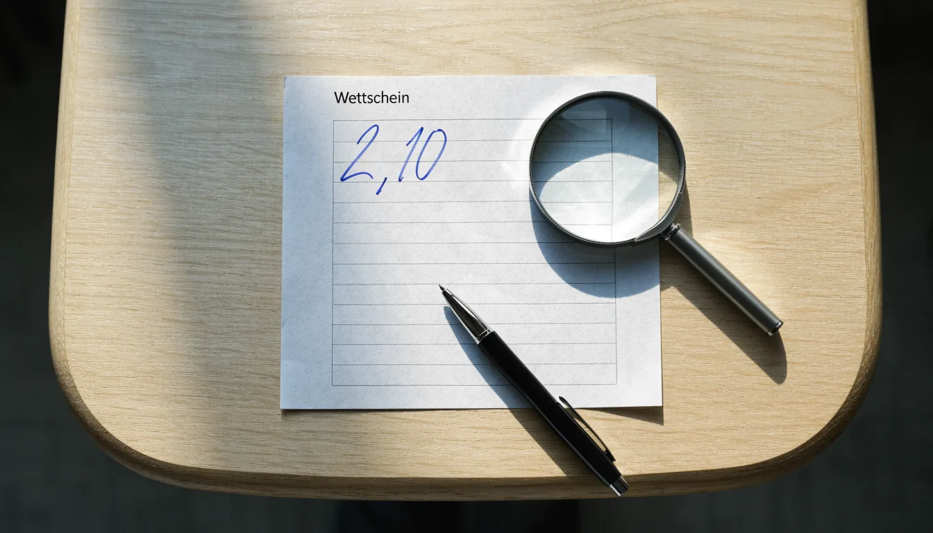 Ein leerer Wettschein aus Papier und ein Kugelschreiber liegen auf einem Schreibtisch neben einer Lupe.