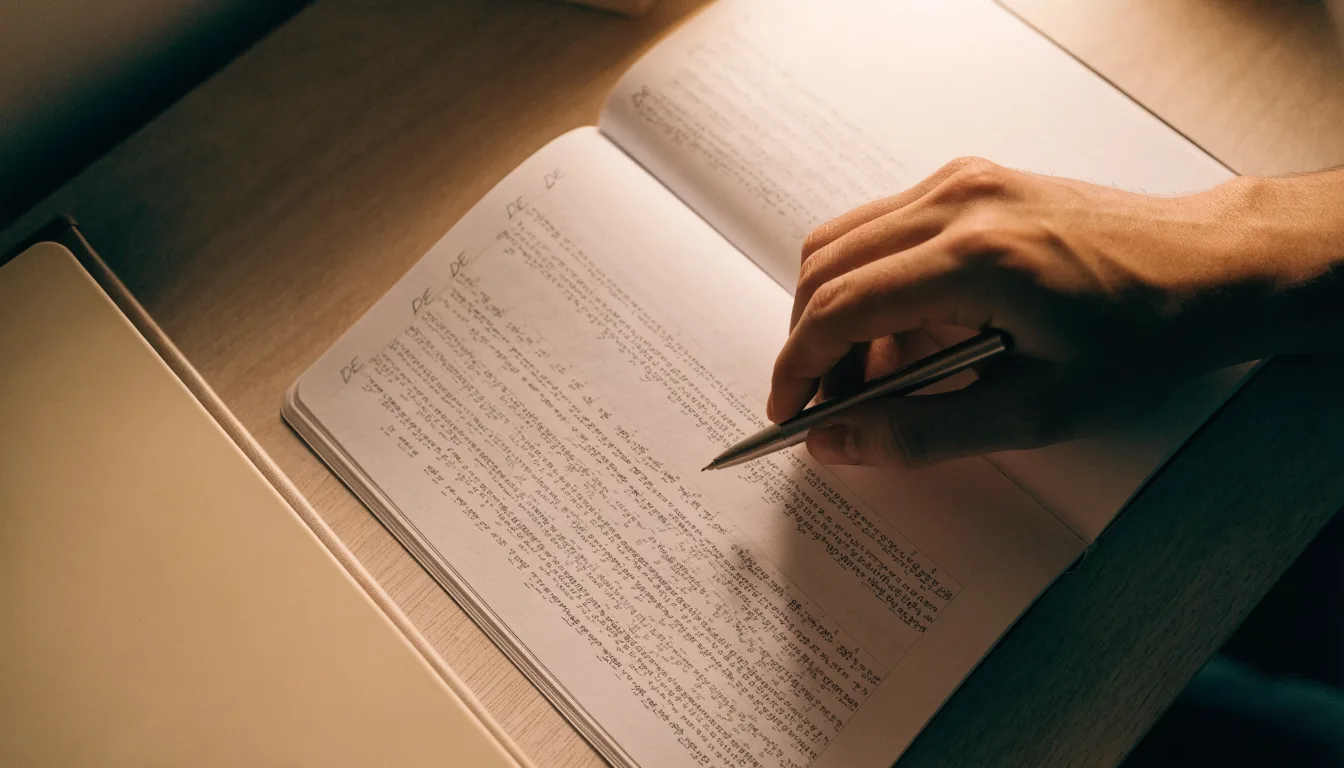 Ein Notizbuch mit handschriftlichen Rechnungen und ein Taschenrechner liegen auf einem aufgeräumten Schreibtisch in warmem Licht.