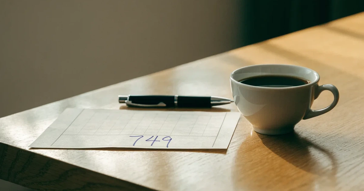Ein leerer Papier-Wettschein liegt neben einem Kugelschreiber und einer Kaffeetasse auf einem hellen Holztisch, Tageslicht von links.