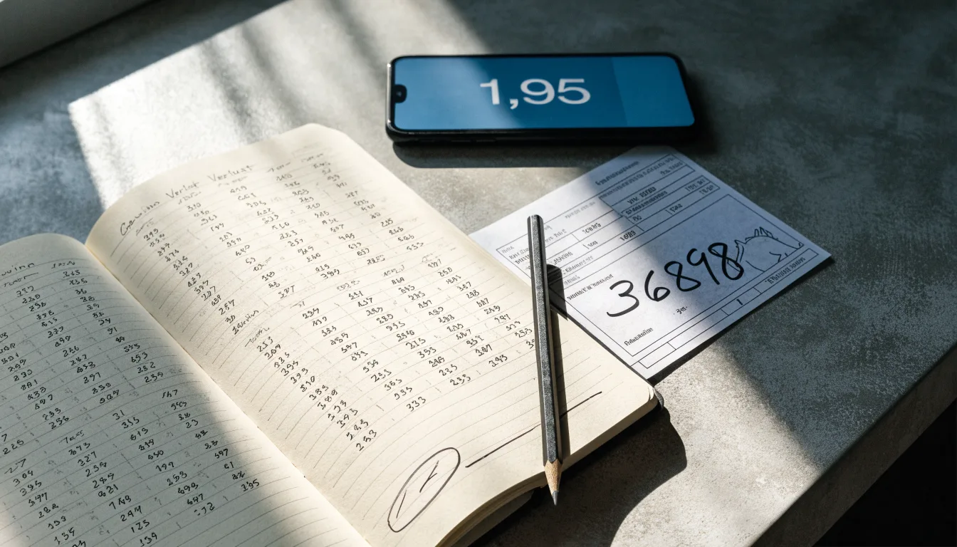 Ein Taschenrechner, ein Bleistift und ein Block mit handschriftlichen Zahlenreihen liegen auf einer grauen Arbeitsfläche.