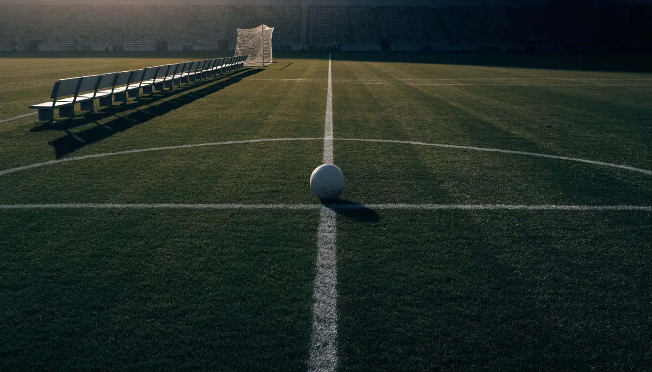 Ein Fußballplatz mit frisch gezogenen Kreidelinien im ersten Morgenlicht, leere Ersatzbänke am Spielfeldrand.