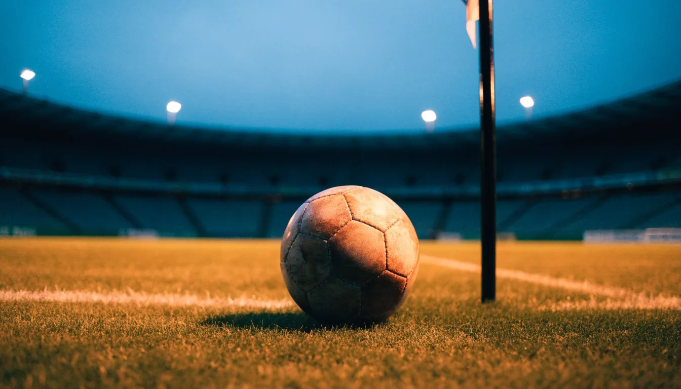 Ein Fußball liegt neben einem Eckfahnen-Pfosten auf einem Rasenplatz, im Hintergrund ein leeres Stadion in der Dämmerung.