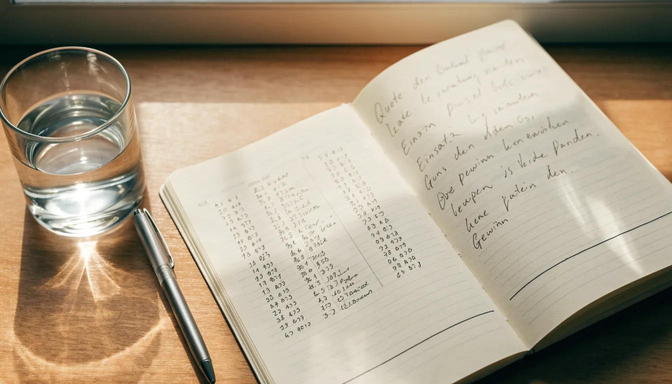 Ein Taschenrechner liegt auf einem Schreibtisch neben einem Block mit handschriftlichen Rechnungen und einem Glas Wasser.