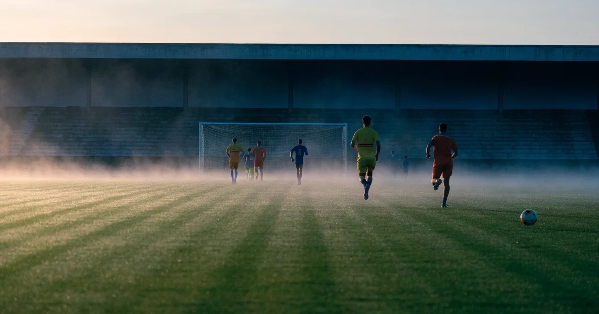 Ein Fußballplatz mit gepflegtem Rasen und einem Tor, über dem Spielfeld liegt Morgennebel, im Hintergrund eine leere Tribüne.
