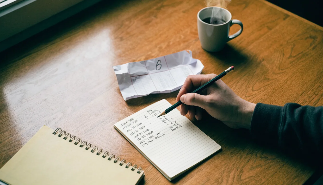 Ein Schreibtisch mit Taschenrechner, Bleistift und einem Block voller handschriftlicher Rechnungen, daneben eine Tasse Tee.
