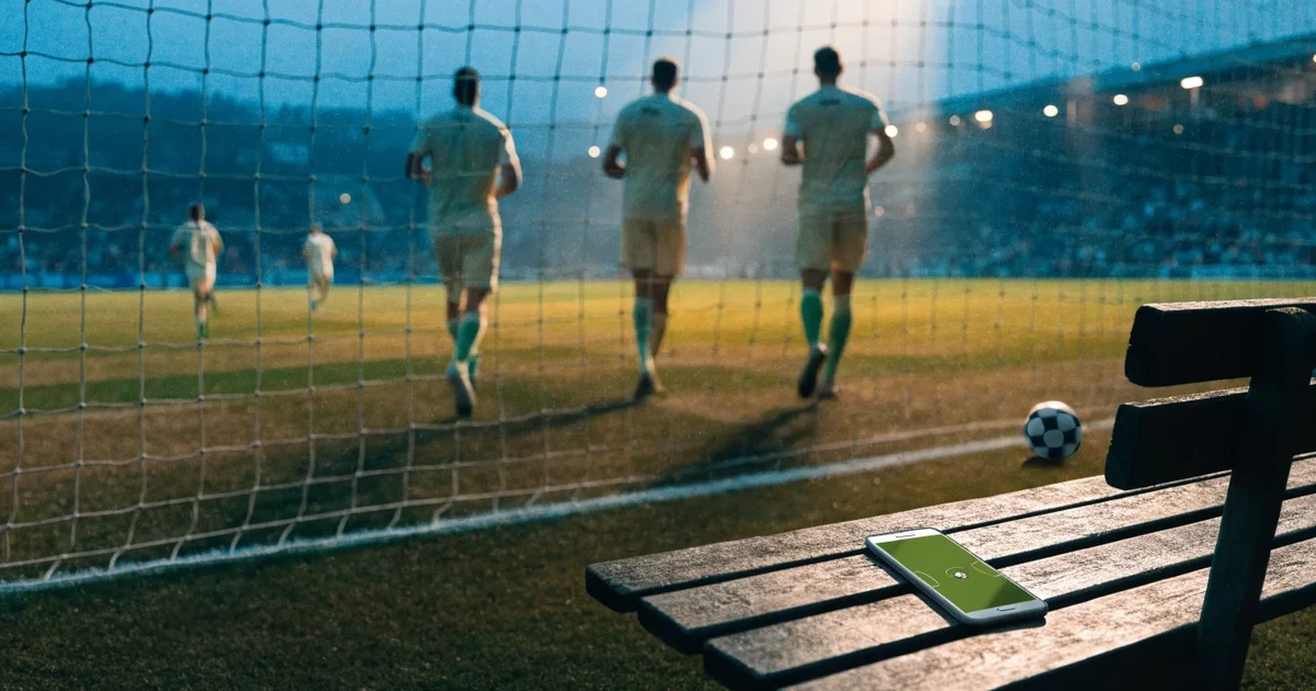Eine Flutlichtanlage ragt über einen Trainingsplatz, auf dem Rasen liegen verstreut Hütchen und ein Ball, am Himmel die Abenddämmerung.