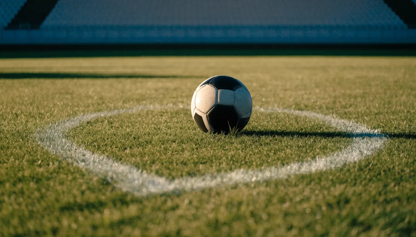 Ein Fußball liegt auf dem Rasen im Mittelkreis, die Kreidelinien führen scharf ins Bild, dahinter verschwimmt eine Tribüne.