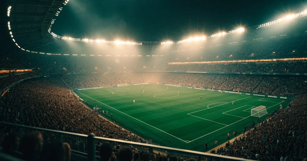 Ein großes Stadion bei Nacht, aus der Ferne unter Flutlicht gesehen, die Ränge hell erleuchtet, der Rasen leuchtend grün.