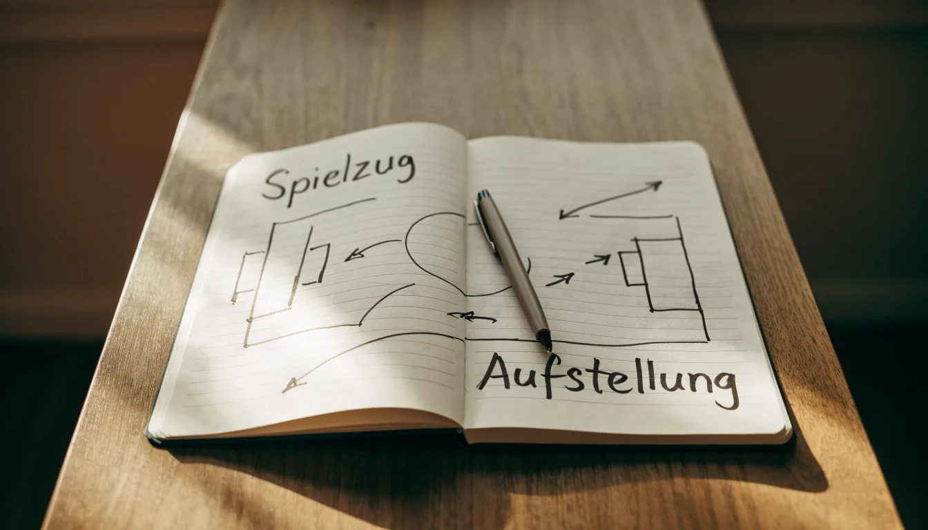 Ein aufgeschlagenes Notizbuch mit handschriftlichen Skizzen von Spielzügen liegt neben einem Kugelschreiber auf einem Holztisch.