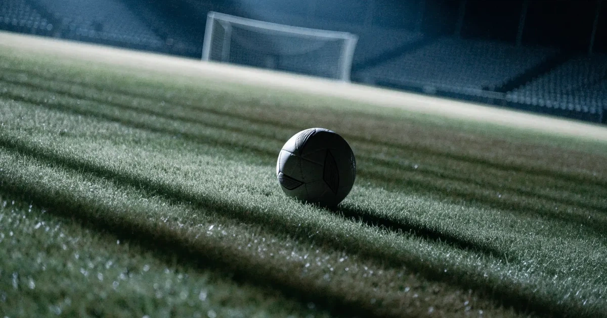 Ein Fußball liegt auf dem Rasen eines leeren Stadions bei Flutlicht, im Hintergrund unscharfe Tribünen ohne erkennbare Beschriftung.