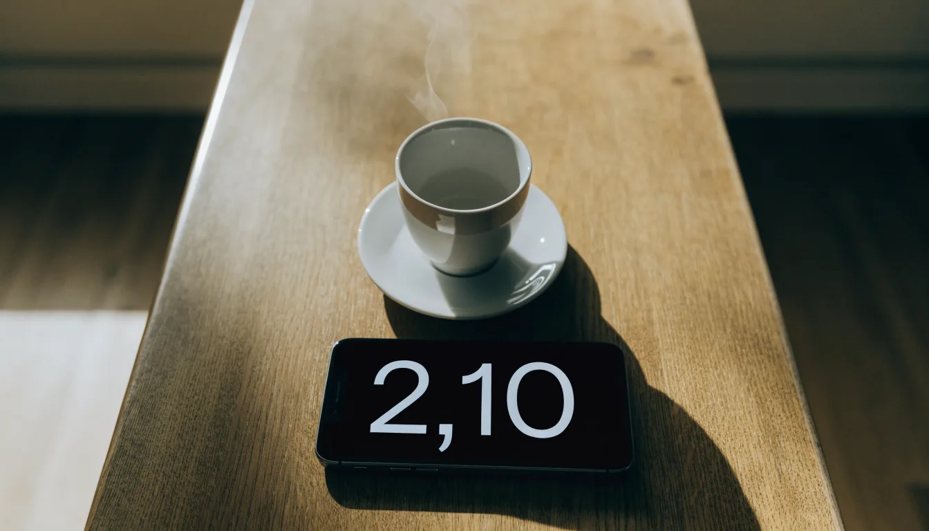 Ein Smartphone mit dunklem Display liegt neben einer Kaffeetasse auf einem Holztisch im Licht eines Fensters.