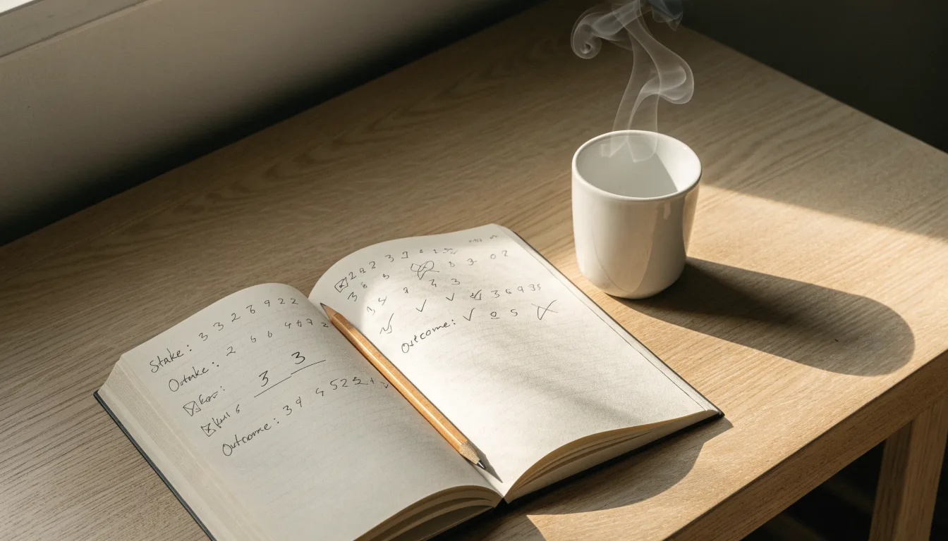 Ein aufgeschlagenes Notizbuch mit handgeschriebenen Stichpunkten und ein Bleistift liegen neben einer Kaffeetasse auf einem hellen Holztisch.