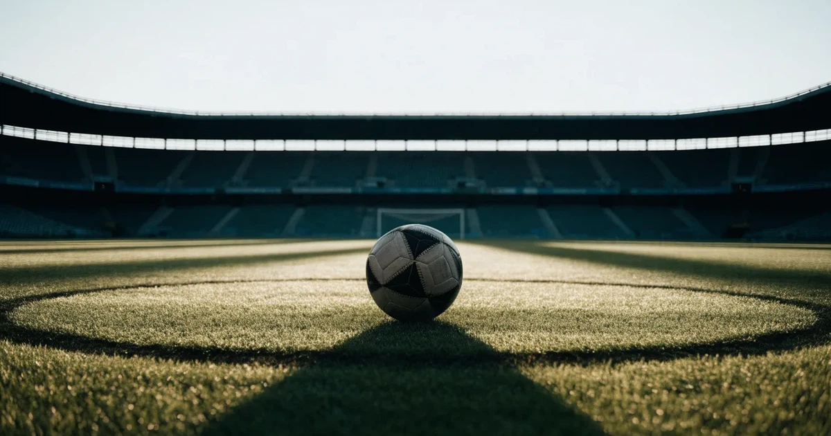 Ein Fußball liegt auf dem Mittelkreis eines Stadionrasens am frühen Morgen, im Hintergrund leere Ränge ohne erkennbare Beschriftung.