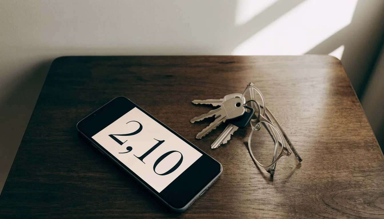 Ein Smartphone liegt mit dunklem Display auf einem Holztisch neben einem Schlüsselbund und einer Brille im Licht eines Fensters.