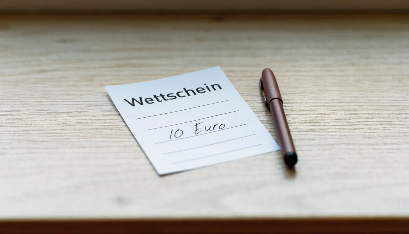 Ein leerer Papier-Wettschein und ein Kugelschreiber liegen auf einer Theke aus hellem Holz im Tageslicht.